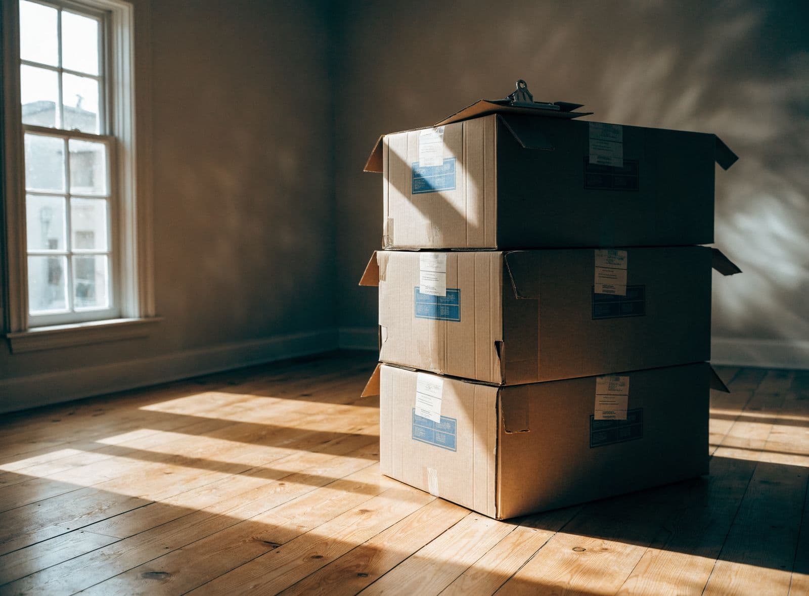 Flat cabinet cartons stacked in an empty room with a clipboard on top, the morning the order arrives.